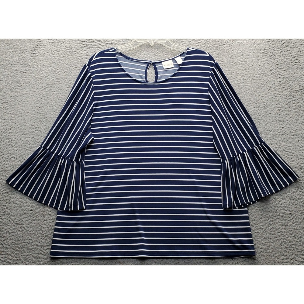 Chico's Blouse Top Womens 3 Multi Glamour Stripe 3/4 Flutter Sleeve Keyhole Back